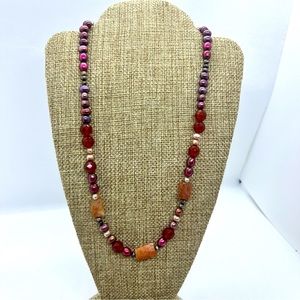 18’ Rich Glass, Warm Stone, Colorful Seed Bead Pearl Necklace. Sterling closure
